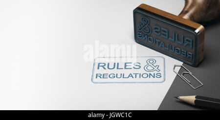 3d illustrazione di un timbro di gomma con altre forniture per ufficio e il testo di norme e regolamenti su un foglio di carta. Foto Stock