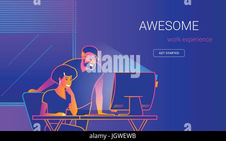 Ufficio creativo uomo che mostrano un nuovo sito web per donna alla scrivania Illustrazione Vettoriale