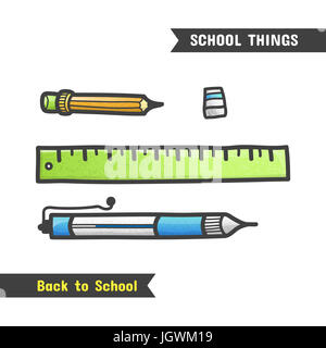 Si torna a scuola forniture, disegnati a mano icona, isolato su bianco, stile cartoon. Una serie di articoli di cancelleria per la scuola, penna a sfera, matita, eraser e regola Foto Stock