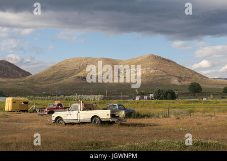 Vecchio pick-up in un campo accanto all'KOA Campeggio in Arco, Idaho Foto Stock