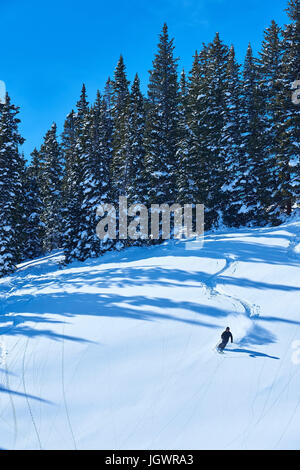 Vista in lontananza l'uomo sciare giù paesaggi innevati, Aspen, Colorado, STATI UNITI D'AMERICA Foto Stock