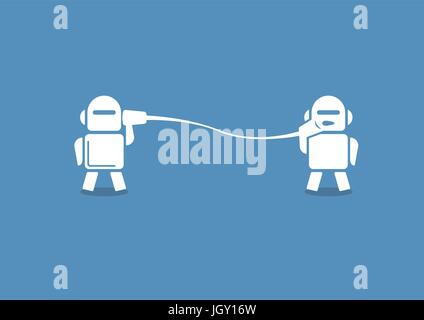 Robo advisor concetto come illustrazione vettoriale. Due robot in comunicazione con ciascun altro su sfondo blu. Illustrazione Vettoriale