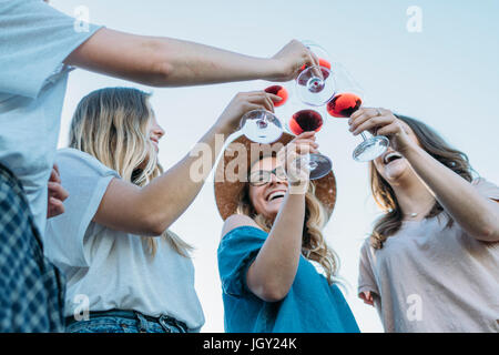 Amici facendo un toast sorridente, Firenze, Toscana, Italia, Europa Foto Stock