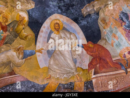 Dettaglio da affresco della risurrezione dalla pareklission nella chiesa bizantina di st. Salvatore in Chora, Edirnekapı, istanbul, Turchia Foto Stock