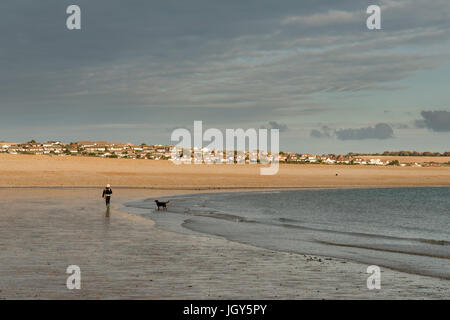 Una persona con un cane sulla spiaggia di Newhaven, East Sussex, Regno Unito Foto Stock