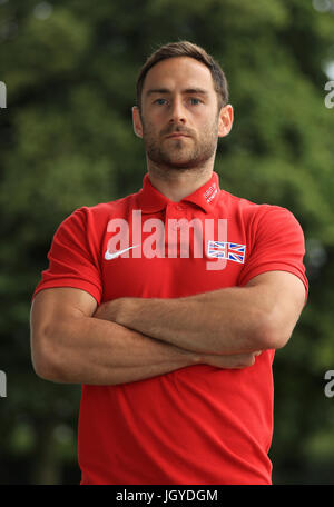 Decathlete Ashley Bryant durante l annuncio del gruppo precedendo la IAAF Campionati del mondo, alla Loughborough University High Performance Center. Foto Stock