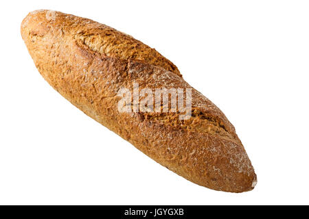 Brown baguette con diversi semi come il sesamo e papavero, isolato su sfondo bianco con tracciato di ritaglio Foto Stock