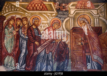 Affresco in San Michele Arcangelo chiesa. La presentazione di Maria al tempio. Cipro. Foto Stock