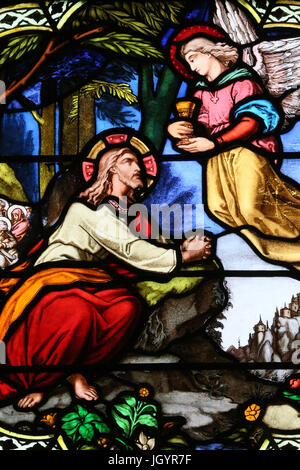 San Paolo chiesa. Finestra di vetro colorato. Getsemani. Gesù prega, nel frattempo, i discepoli di riposo. Lione. La Francia. Foto Stock