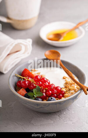 Ciotola di yogurt con cereali e frutti di bosco freschi Foto Stock