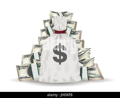 Sacco di denaro con la pila di pack dollar banconote Illustrazione Vettoriale