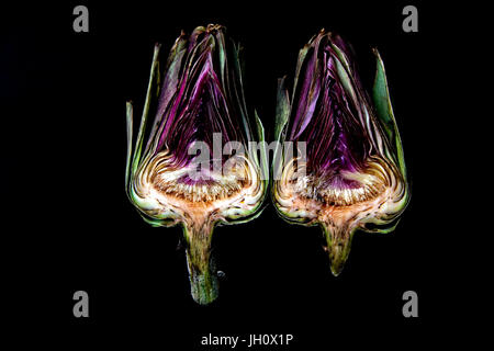 Tagliare le teste di carciofo su sfondo nero Foto Stock