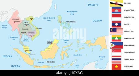 Associazione delle nazioni del sud-est asiatico (ASEAN) mappa con le bandiere Illustrazione Vettoriale