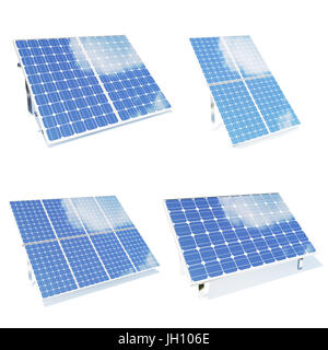 Pannelli solari isolato om sfondo bianco. Set di environmetn pannelli solari. Blu di pannelli solari. Concetto di energia alternativa, 3d illustrazione Foto Stock