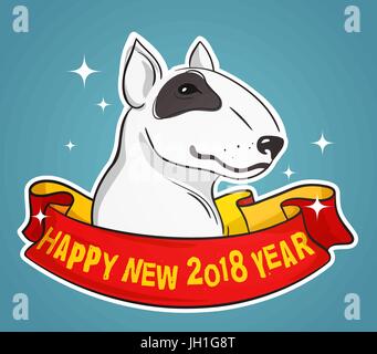 Ritratto di Bull Terrier con un nastro ROSSO intorno al suo collo con felice Nuovo Anno 2018 testo, stile OldSchool illustrazione vettoriale Illustrazione Vettoriale