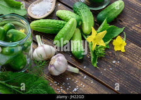 Il concetto di ingredienti di conserve fatte in casa - vasi di cetrioli sottaceto su un tavolo di legno accanto alle materie terra verde cetrioli, aneto, sale marino, ga Foto Stock