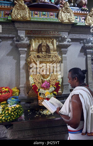 Sri Veeramakaliamman tempio indù. Dakshinamurthy è un aspetto del dio indù Shiva come un guru di tutti i tipi di conoscenza. Singapore. Foto Stock