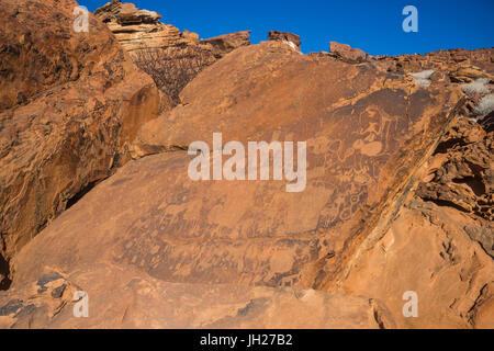 Antiche incisioni rupestri, Twyfelfontein, Sito Patrimonio Mondiale dell'UNESCO, Namibia, Africa Foto Stock