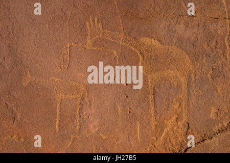 Antiche incisioni rupestri, Twyfelfontein, Sito Patrimonio Mondiale dell'UNESCO, Namibia, Africa Foto Stock