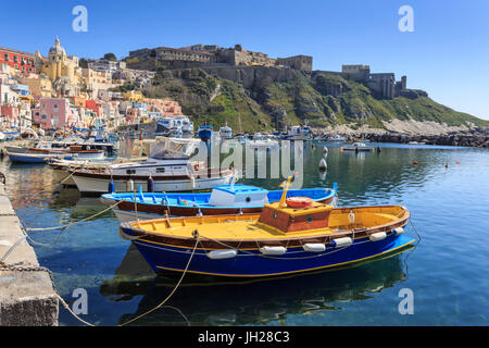 Marina Corricella, grazioso villaggio di pescatori, case colorate, barche e Terra Murata, Isola di Procida e della baia di Napoli, Italia Foto Stock