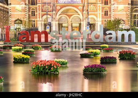 Il National Rijksmuseum incorniciato da vasi di fiori galleggianti in acqua, Amsterdam, Olanda, Paesi Bassi, Europa Foto Stock