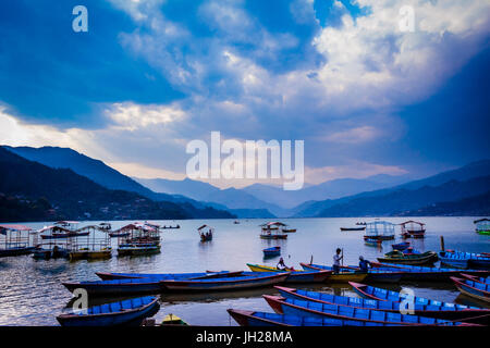 Barche ormeggiate sulle sponde di un lago al tramonto a Pokhara, Nepal, Asia Foto Stock