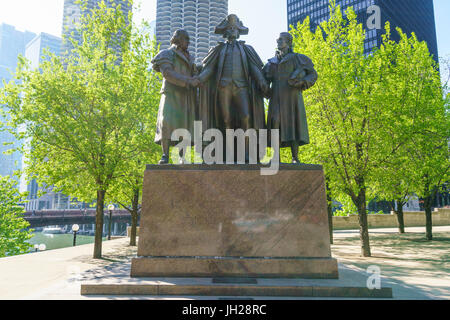 Robert Morris, George Washington, Haym Salomon Memorial statua è dal fiume Chicago, Chicago, Illinois, Stati Uniti d'America Foto Stock