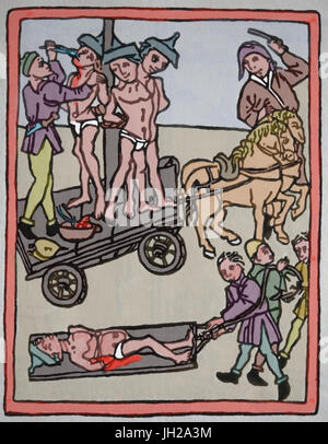 L'eresia. Xv secolo. Tortura di ebrei. Incisione, 1475. L'Europa. Foto Stock