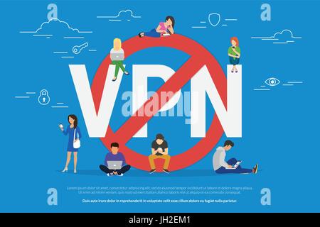 Divieto di VPN concetto illustrazione vettoriale dei giovani utilizzando laptop e smartphone attraverso reti private virtuali. Appartamento persone vicino al simbolo rosso di b Illustrazione Vettoriale