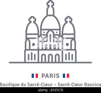 Parigi icona linea. Basilica del Sacro Cuore e il vettore di flag illustrazione. Illustrazione Vettoriale