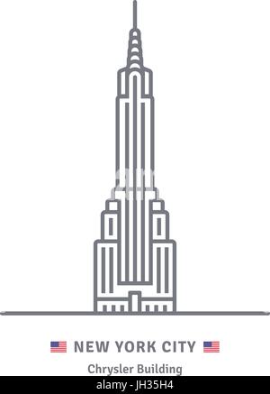 New York City line icona. Chrysler building e noi bandiera illustrazione vettoriale. Illustrazione Vettoriale