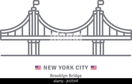 New York City line icona. Il Ponte di Brooklyn e noi bandiera illustrazione vettoriale. Illustrazione Vettoriale