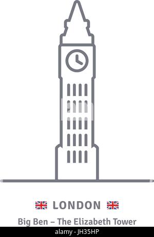 London line icona. Il Big Ben e la bandiera britannica illustrazione vettoriale. Illustrazione Vettoriale