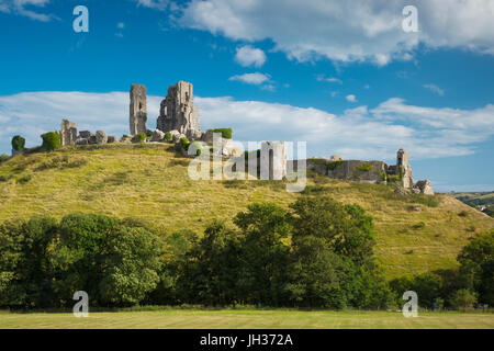 Rovine di Corfe Castle vicino a Wareham, Isle of Purbeck, Dorset, Inghilterra Foto Stock