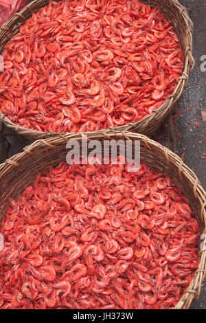 Secchi e salati gamberi in canestri di vimini a mercato principale di Colombo, capitale dello Sri Lanka Foto Stock