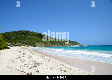 Vista della spiaggia di maccheroni, sull'esclusiva isola di mustque, Grenadine Isole dei Caraibi Foto Stock