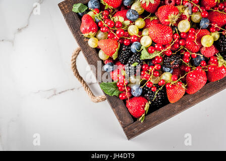 Estate frutti e bacche. 6 tipi di materie agricoltore biologico i frutti di bosco - Lamponi More Mirtilli fragole ribes rosso ribes. M bianca Foto Stock