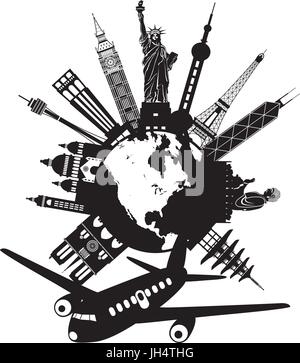 Viaggiare in tutto il mondo in aereo con i punti di riferimento sul globo rotondo in bianco e nero illustrazione Illustrazione Vettoriale