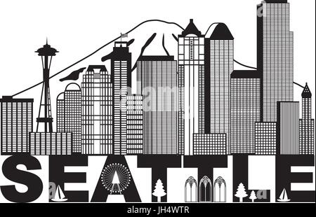 Seattle Washington Downtown skyline della città e il testo in nero isolato su sfondo bianco illustrazione Illustrazione Vettoriale