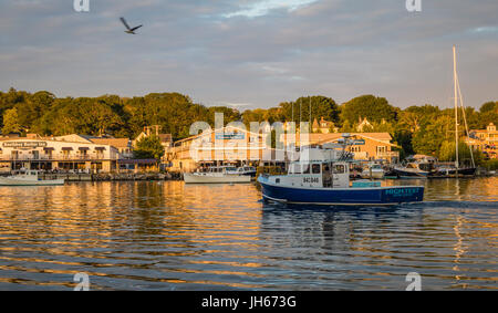 Lobster barche nella calma e bella Boothbay Harbor al crepuscolo Foto Stock