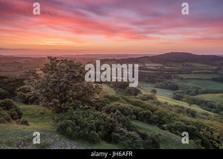 Spettacolare alba oltre la campagna di laminazione od il West Dorset visto dalla penna Pilsden, Dorset, England, Regno Unito Foto Stock