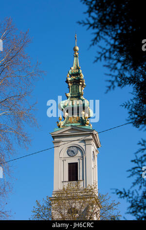 Torre di Belgrado principale cattedrale, Chiesa di San Michele Arcangelo, costruito nel 1830, situato nel centro della città vicino a Kalemegdan Foto Stock