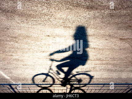 Sfocata ciclista silhouette e ombra su un protetto percorso in bicicletta nel tramonto capovolto Foto Stock