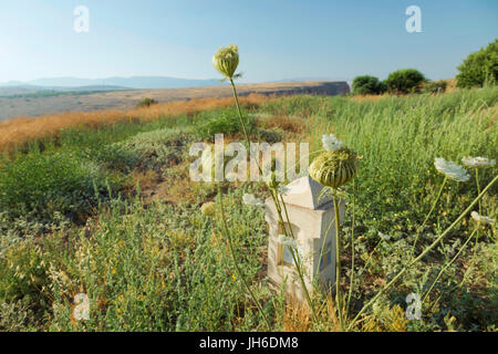 Marcatore di pietra del sentiero di Gesù ( 65 km a lunga distanza a piedi da Nazaret a Cafarnao ) in Arbel Riserva Naturale, Bassa Galilea, MIGDAL, Israele. Foto Stock