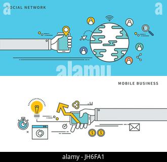 Linea semplice design piatto dei social network & mobile business, moderno vettore illustrazione. Illustrazione Vettoriale
