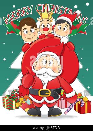 Merry Christmas Santa, snowman, renne Cartoon. Illustrazione Vettoriale