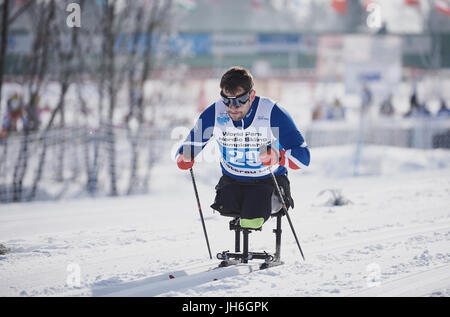 Steven Arnold di Gran Bretagna a IPTC Para Mondiali di Sci Nordico in Finsterau, Germania Foto Stock