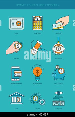 Il sistema bancario e finanziario la concezione di business line set di icone Illustrazione Vettoriale