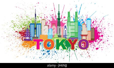 Tokyo Giappone skyline della città Panorama spruzzi di vernice Splatter Silhouette Illustrazione a colori Illustrazione Vettoriale