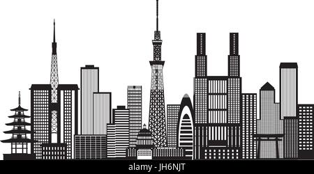 Tokyo Giappone skyline della città Panorama in bianco e nero di Silhouette illustrazione di contorno Illustrazione Vettoriale